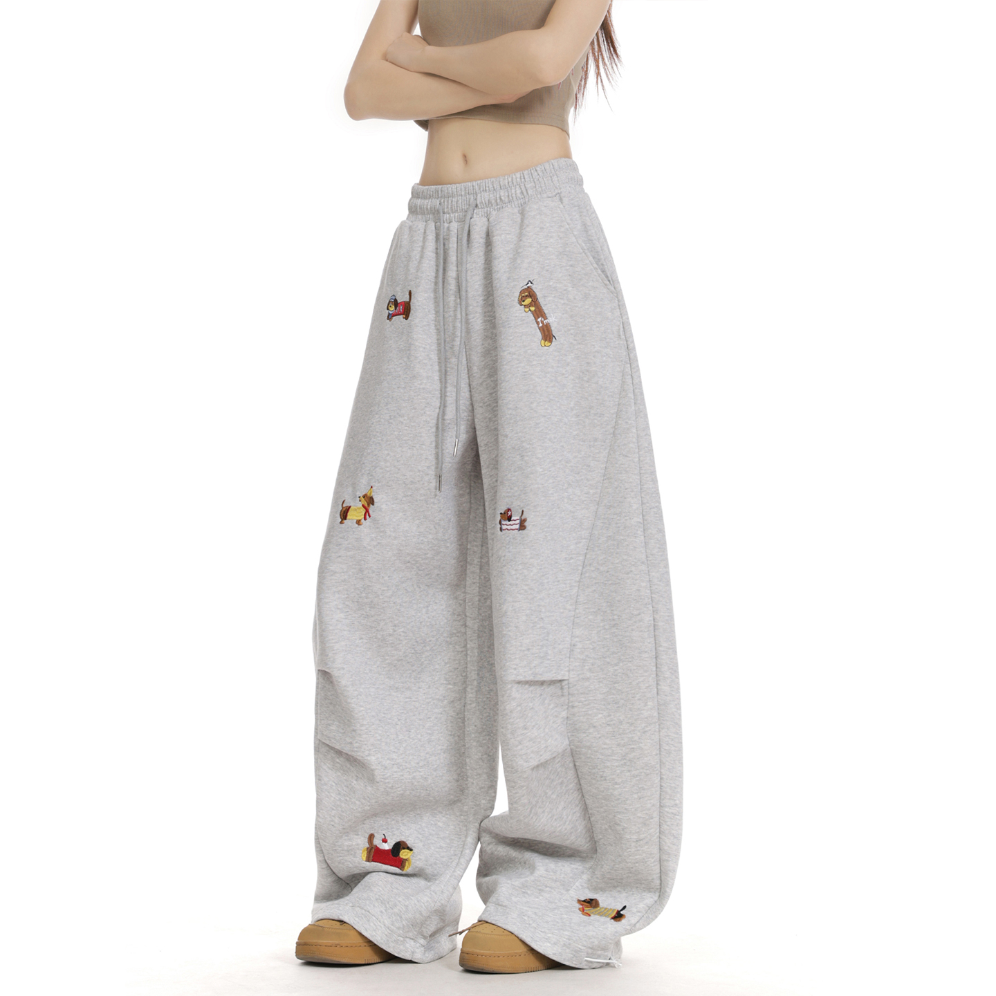 美式复古趣味小狗刺绣卫裤女