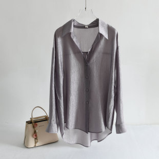 高级感流光醋酸缎面衬衫女夏季轻薄透气大码抗皱防晒衬衣凉感罩衫