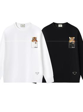 圆领工艺卫衣秋冬贴轻奢口袋老虎上衣男士刺绣