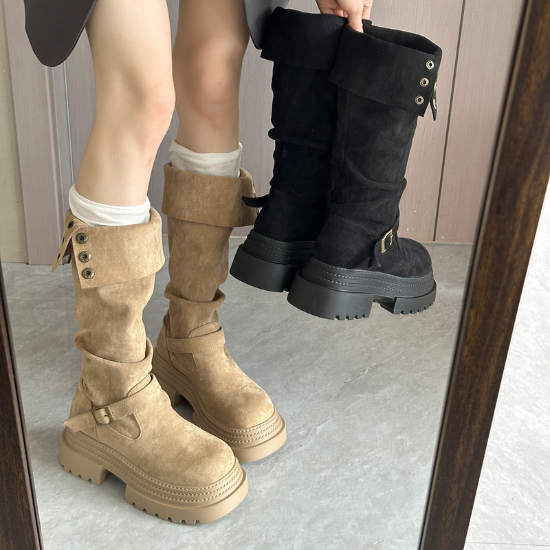 厚底增高绒面长筒靴子女2025新款夏秋季西部牛仔不过膝高筒骑士靴