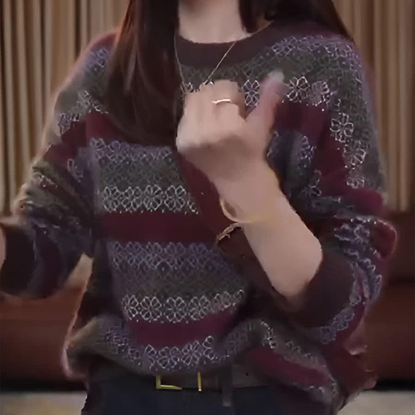 覆古港风撞色条纹毛衣女士秋冬2025新款圆领高级感穿搭针织衫上衣