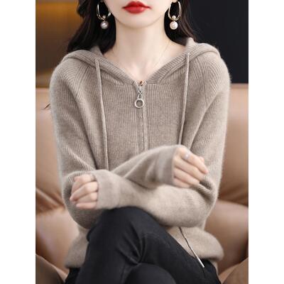 2025秋冬新款羊毛衫女加厚针织开衫拉炼带帽短款连帽毛衣纯色外套
