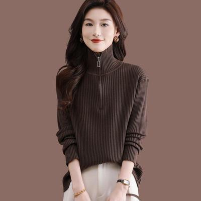半拉链高领毛衣女秋冬2025新款宽松内搭加厚羊毛针织打底衫