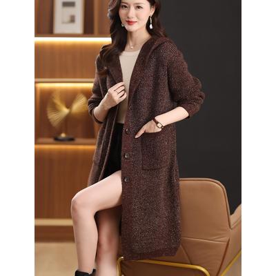 2025新款宽松时尚慵懒风翻领针织开衫女中长款纽扣毛衣外套高级感