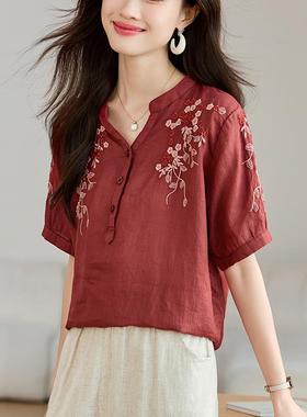 高端苎麻上衣女2024新款夏装高级感简约百搭棉麻亚麻绣花短袖衬衫