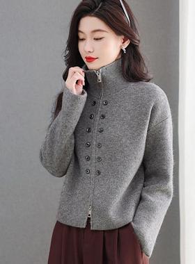 灰色拉链开衫毛衣女新款春秋穿搭高级宽松慵懒针织上衣小香风外套