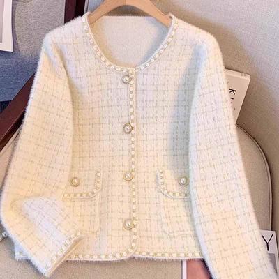 鄂尔多斯市水貂绒小香风短外套女2024秋冬新款针织开 衫名媛上衣