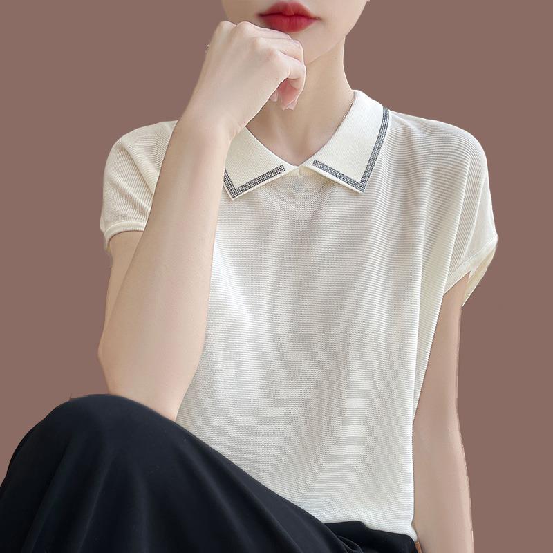 娃娃领短袖女桑蚕丝T恤夏2024新款小众针织荷叶袖T恤上衣