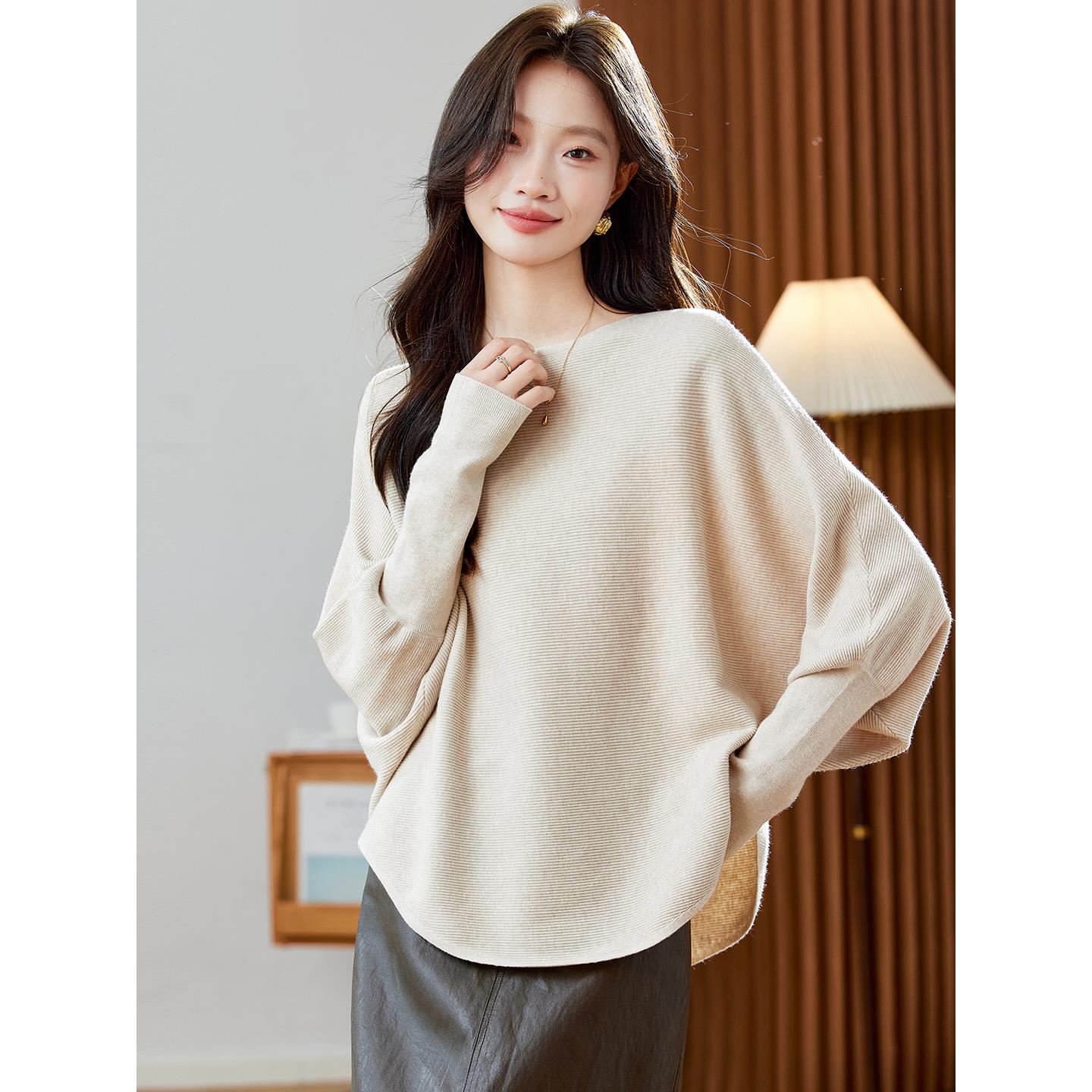 蝙蝠袖针织衫女秋季2025新款女装宽松慵懒百搭休闲一字领长袖上衣