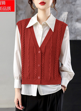 春秋款V领羊毛针织马甲开衫女无袖叠穿外搭坎肩毛衣外套背心马夹