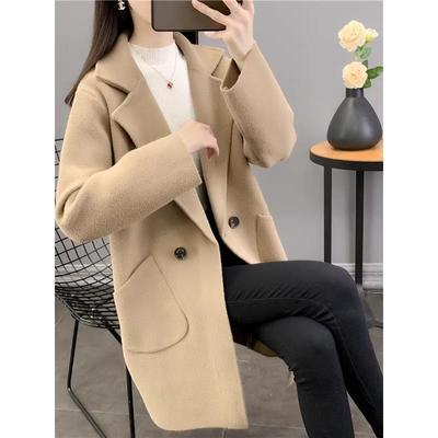 春季新款中长款针织双面呢外套女秋冬西装领百搭时尚大衣女开衫厚