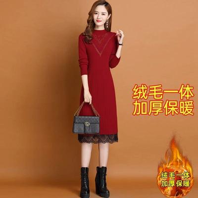 配大衣毛衣裙长款2025新款一体绒加绒加厚秋冬针织打底蕾丝连衣裙