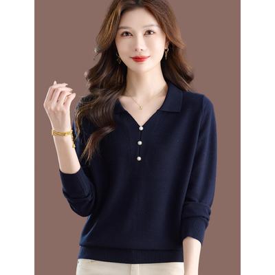秋季2025年新款娃娃领上衣女士毛衣冬装内搭显瘦羊毛打底针织衫