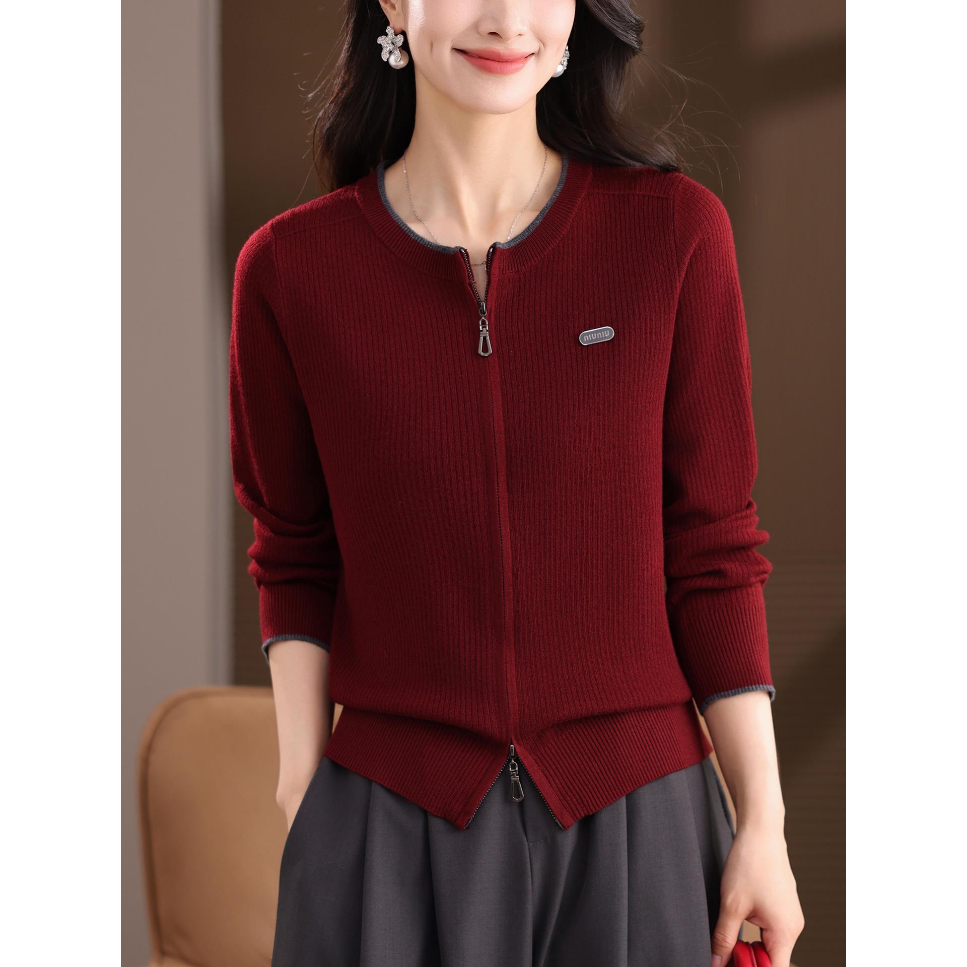 秋季毛衣小外套薄款双拉炼2025春秋新款外搭圆领上衣短款针织开衫