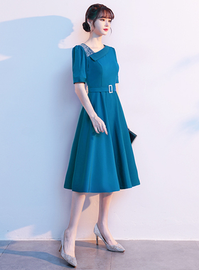 蓝色晚礼服女平时可穿气质宴会高端婚礼喜婆婆妈妈婚宴装连衣裙