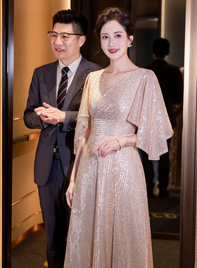 香槟色亮片晚礼服女高级感年会主持人高端婚礼妈妈婚宴装高贵年轻