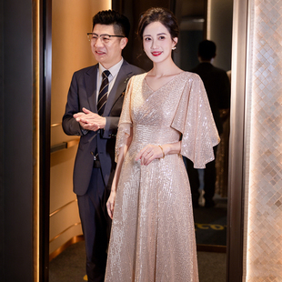 香槟色亮片晚礼服女高级感年会主持人高端婚礼妈妈婚宴装高贵年轻