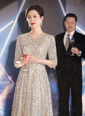 高端亮片晚礼服裙女高级感年会主持人气质高贵婚礼妈妈婚宴装长袖