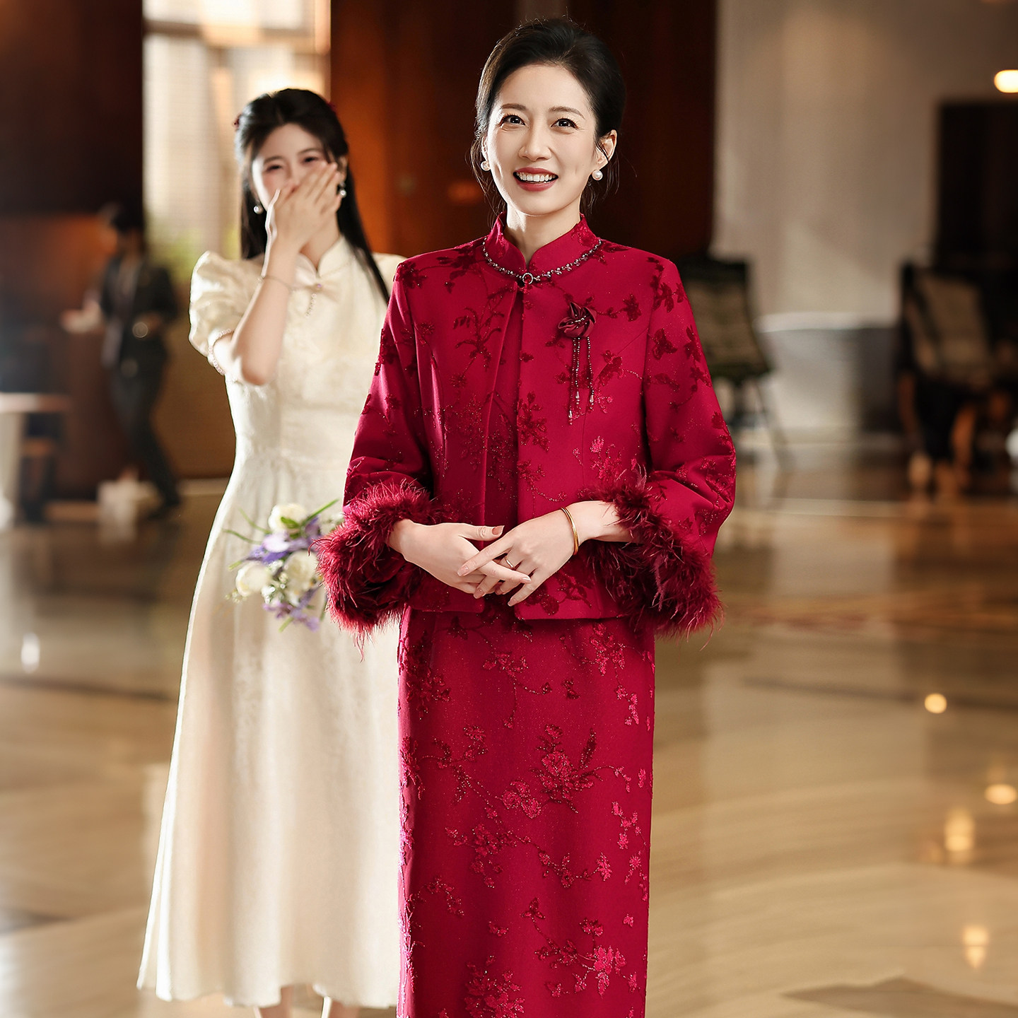 红色喜婆婆婚宴装旗袍套装秋冬中式妈妈装结婚礼服高贵年轻小个子