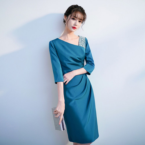 蓝色新款高端参加妈妈装晚礼服