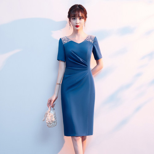 蓝色晚礼服婚宴装连衣裙