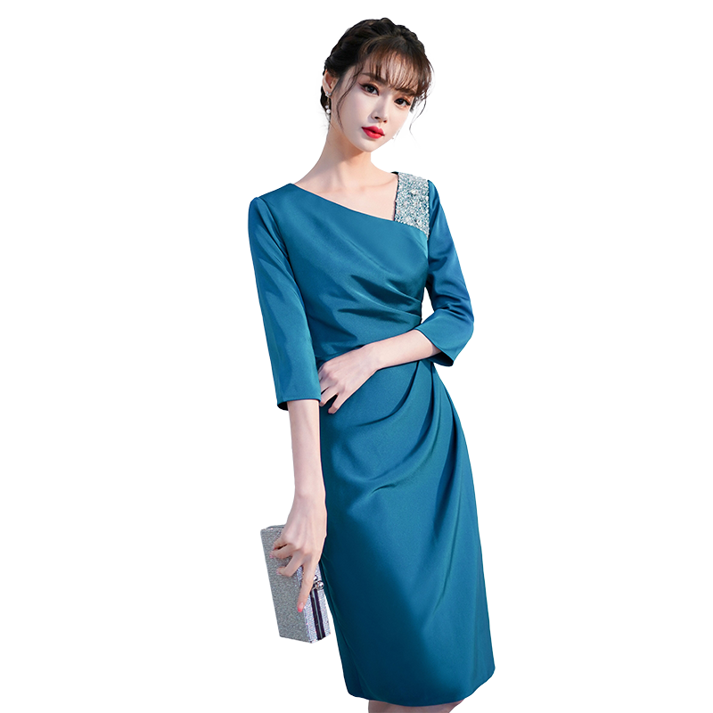 蓝色晚礼服女高级感气质宴会高端婚礼妈妈婚宴装敬酒服连衣裙长袖