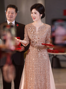 香槟色亮片晚礼服女高级感高贵年轻高端婚礼主持人喜妈妈婚宴装