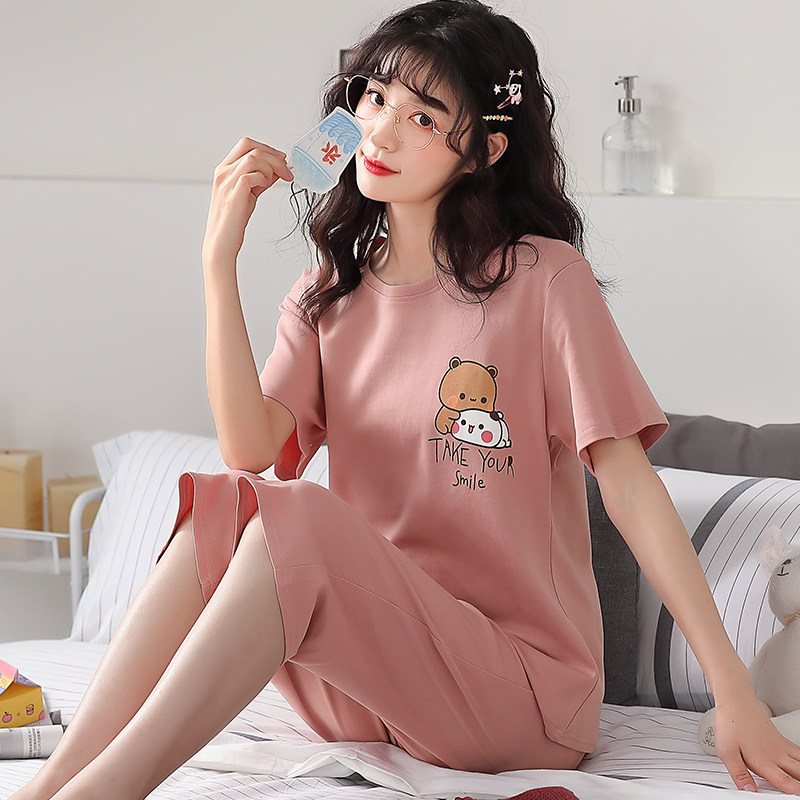 睡衣女夏纯棉短袖七分裤两件套装可爱卡通夏季胖mm大码宽松家居服