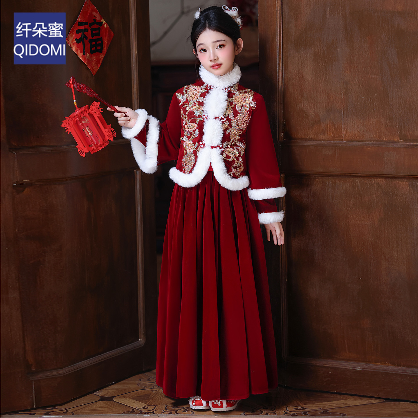 女童旗袍裙拜年服过年棉袄冬季加厚保暖红色喜庆中国风儿童礼服