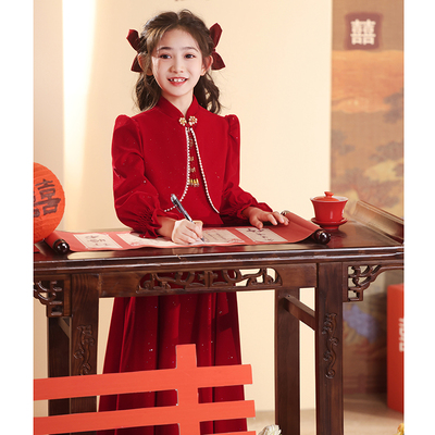 女童酒红色礼服轻奢小众主持人