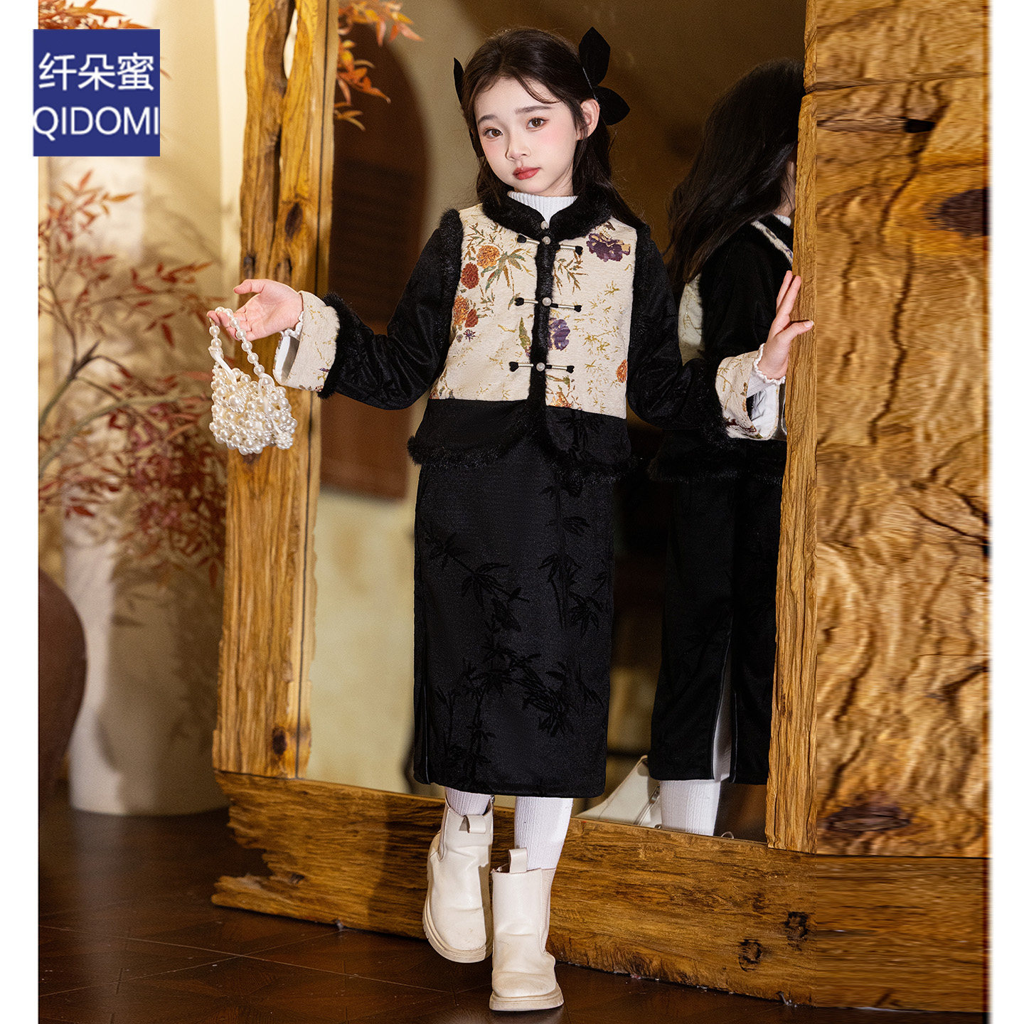 冬季女童旗袍过年拜年服黑色加绒加厚保暖国潮风新年棉袄儿童礼服