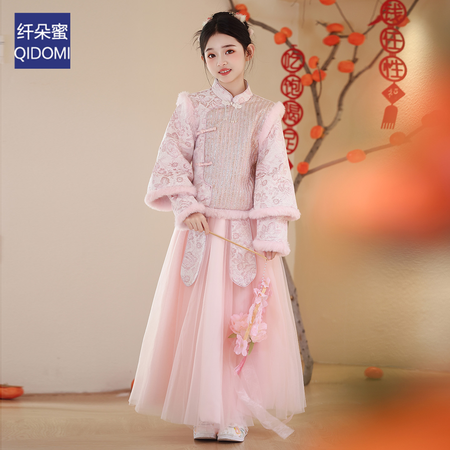 女童旗袍拜年服2025新款新中式冬季粉色长袖新年战袍儿童演出礼服