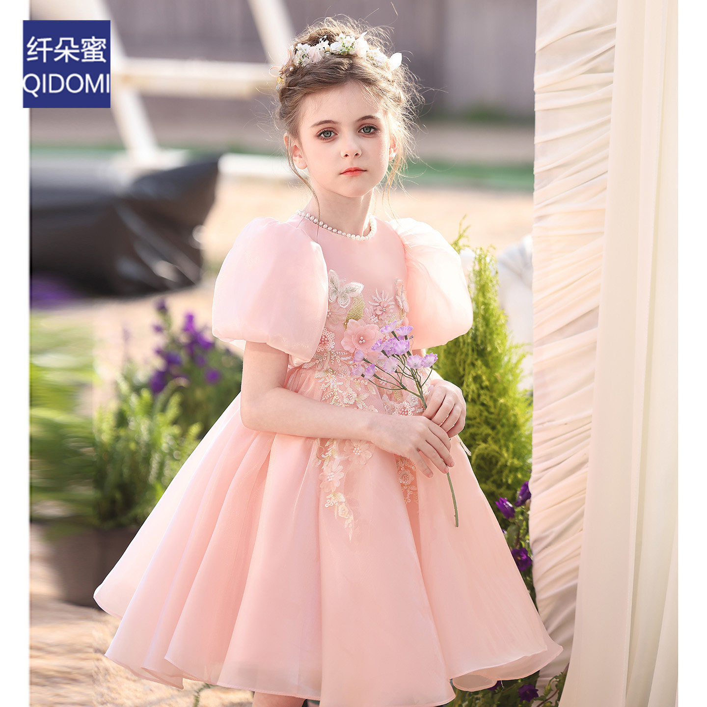 高端女童礼服粉色芭蕾公主风生日宴泡泡袖学生表演舞蹈儿童蓬蓬裙