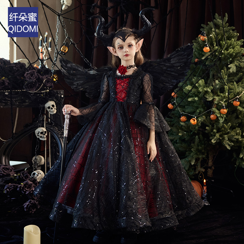 万圣节儿童cosplay服装暗黑风恶魔天使吸血鬼公主裙女童晚礼服裙