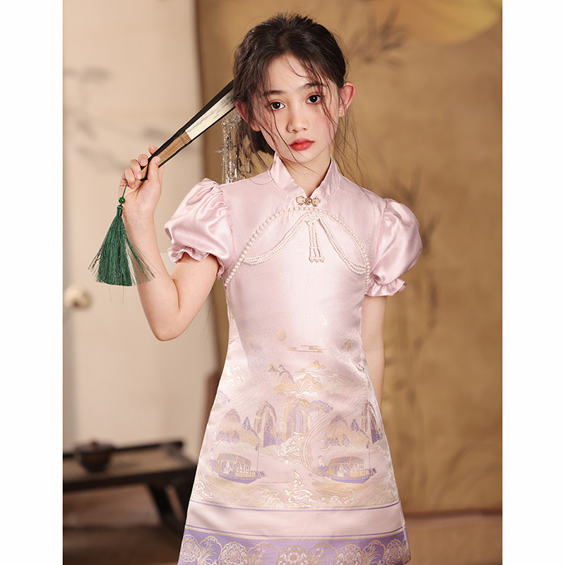 高端女童旗袍2025新款秋冬粉色复古新中式国潮风高级感儿童礼服裙