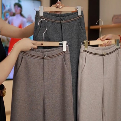 高档羊毛呢阔腿裤女长裤秋冬加绒窄版软糯米裤羊绒休闲直筒西装裤