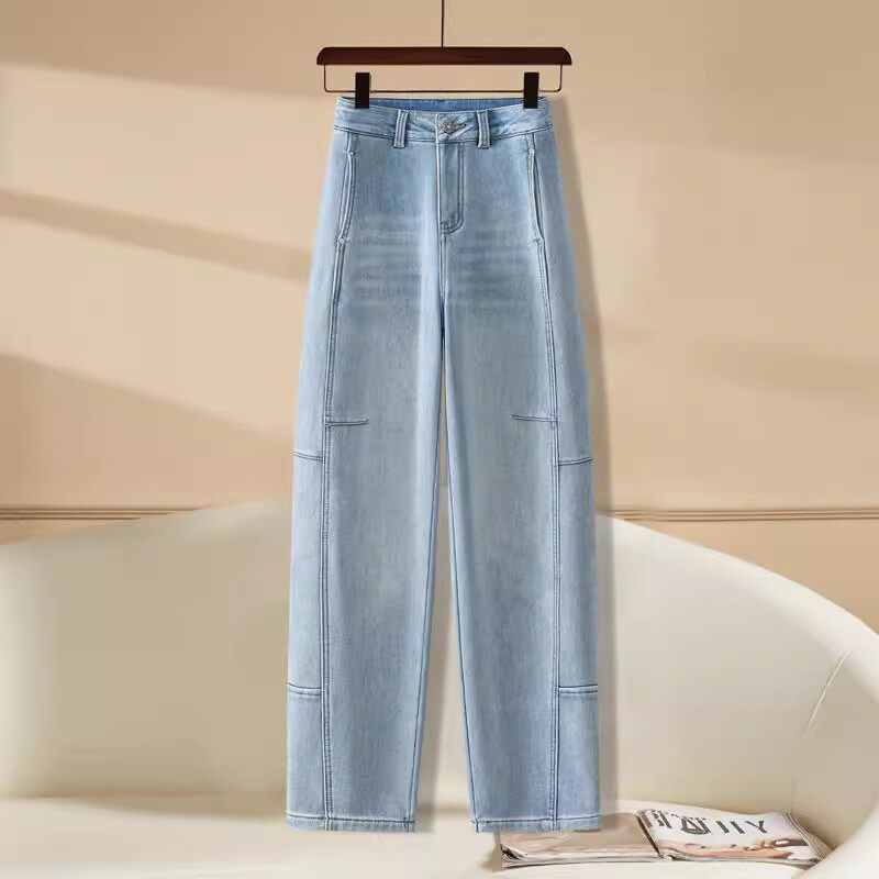 高档浅蓝今年流行垂顺柔软牛仔直筒弯刀裤春季新品百搭香蕉阔腿裤