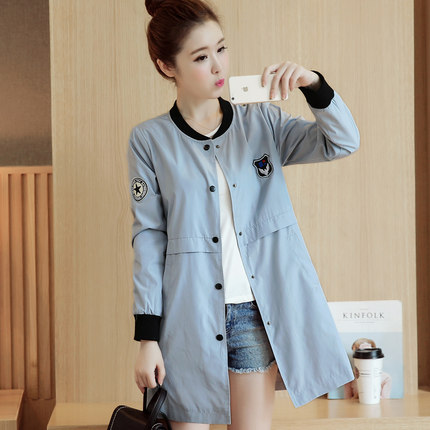 2017秋装新款女风衣韩版修身中长款棒球服圆领开衫学生显瘦薄外套