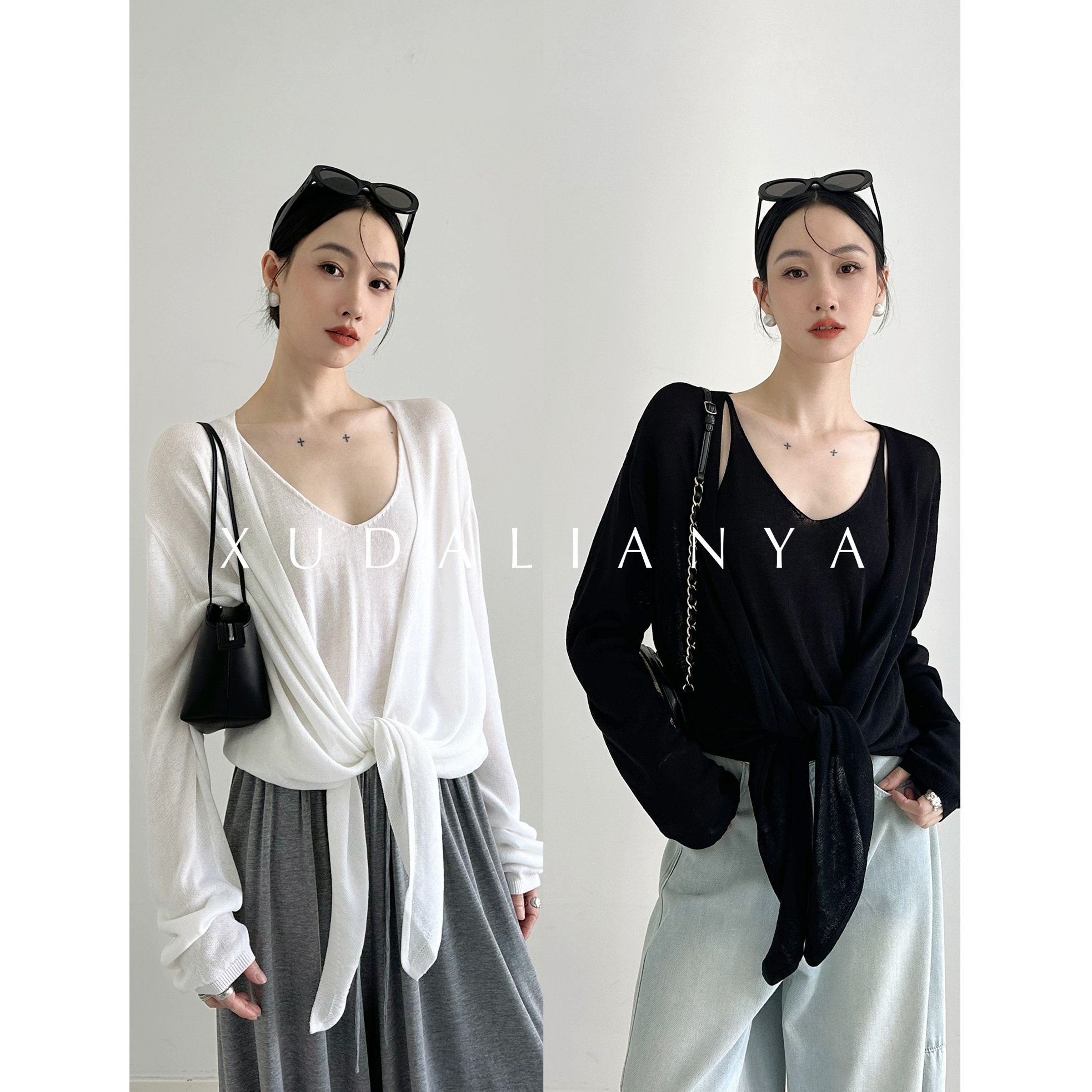 徐大脸吖定制 凉感天丝亚麻防晒上衣夏薄针织开衫V领吊带两件套女图片