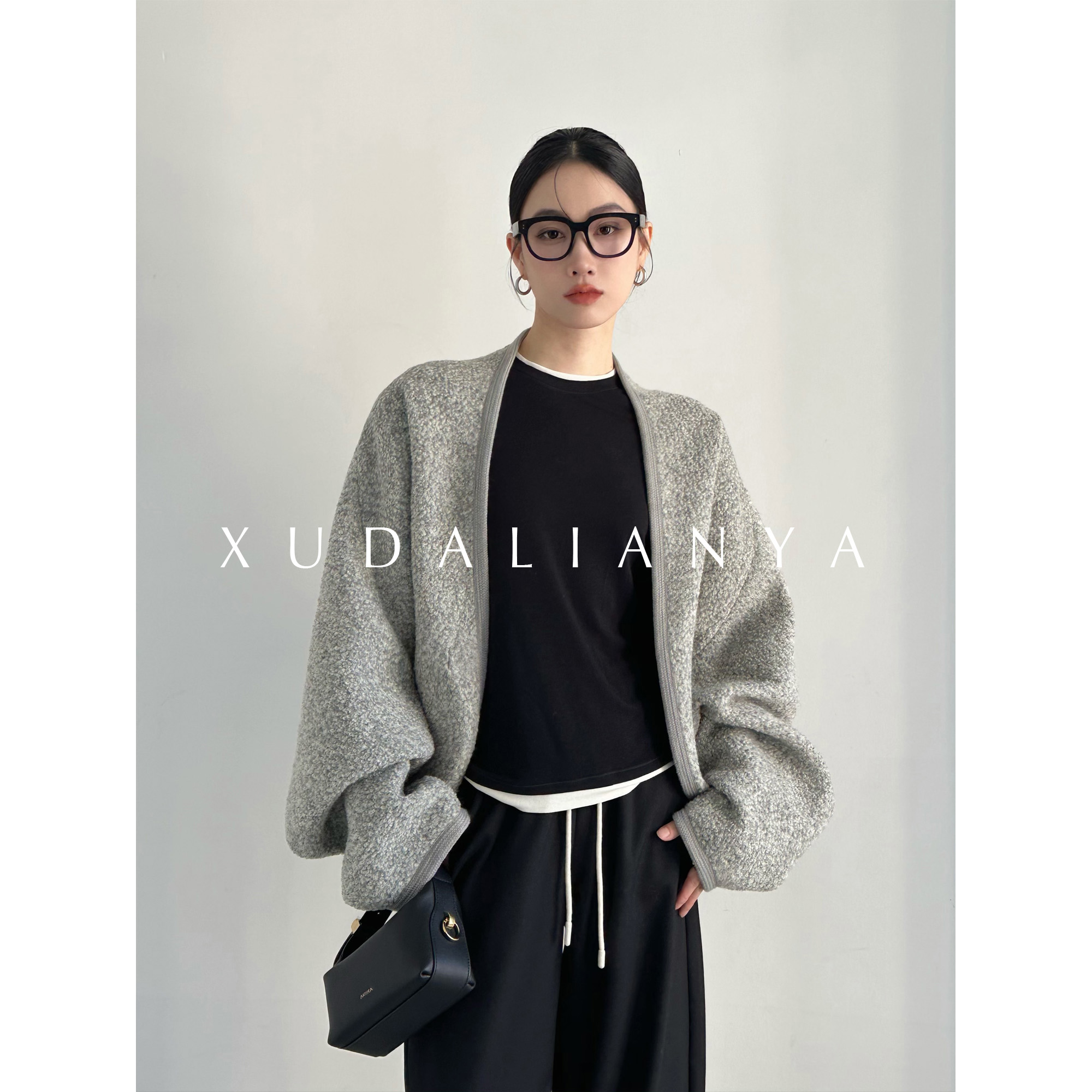 徐大脸吖定制 慵懒松弛感蝙蝠袖圈圈呢开衫秋冬廓形70%羊毛外套女