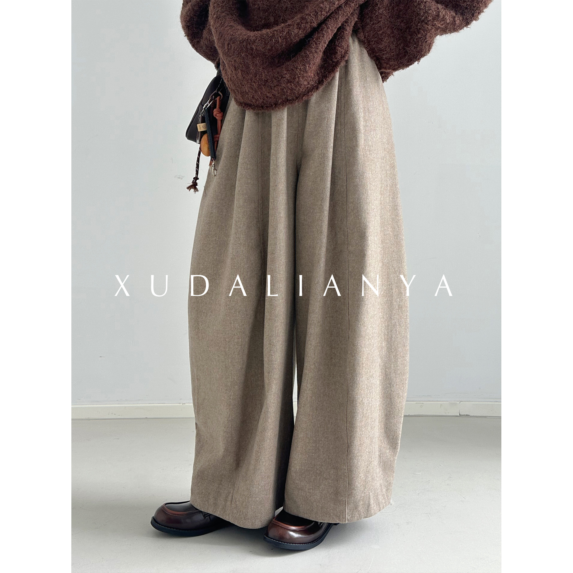 徐大脸吖定制 意式精纺羊毛松弛阔腿裤秋冬高腰复古企鹅奶奶裤女