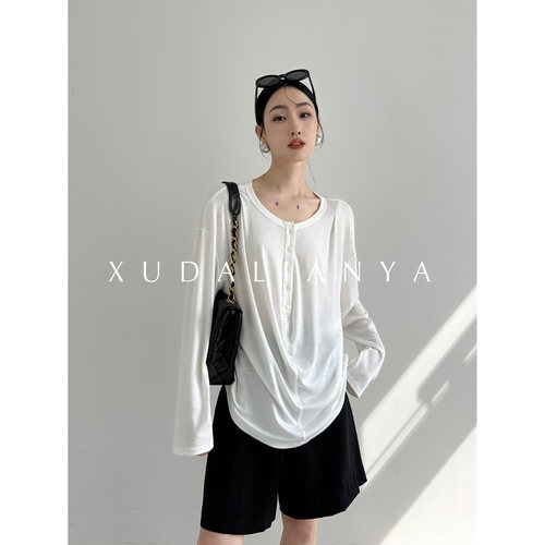 徐大脸吖定制 云朵莱赛尔亚麻亨利领春夏小众凉感长袖防晒衫T恤女