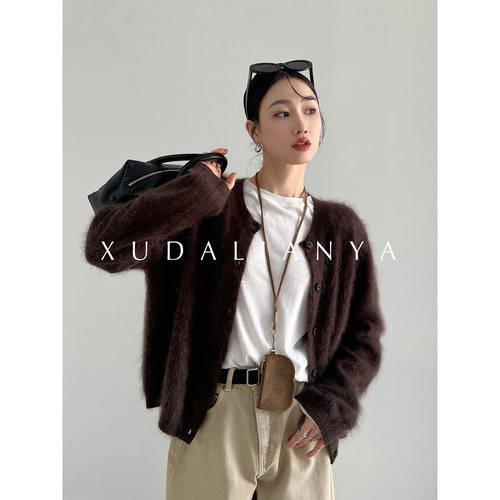 徐大脸吖定制 100澳洲羊毛氛围感拉毛韩系秋季针织开衫毛衣外套女