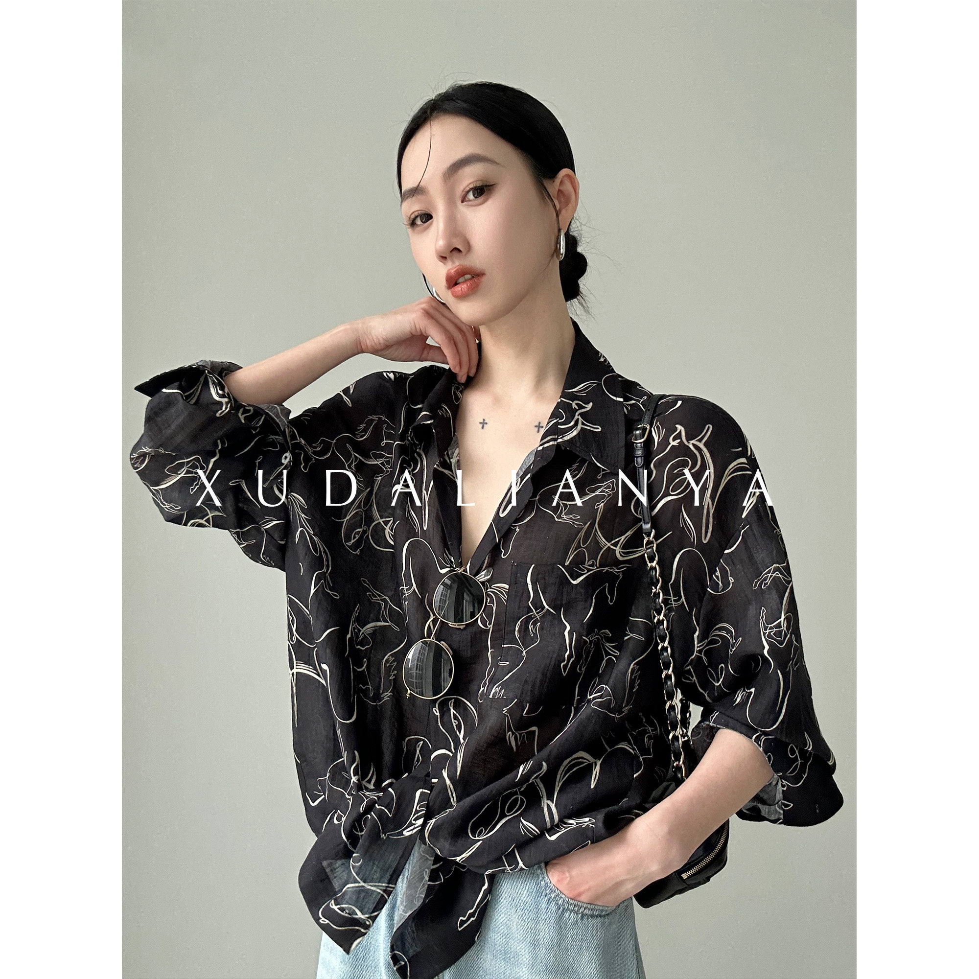 徐大脸吖定制 素描线条印花衬衫春夏文艺松弛透气天丝亚麻衬衣女