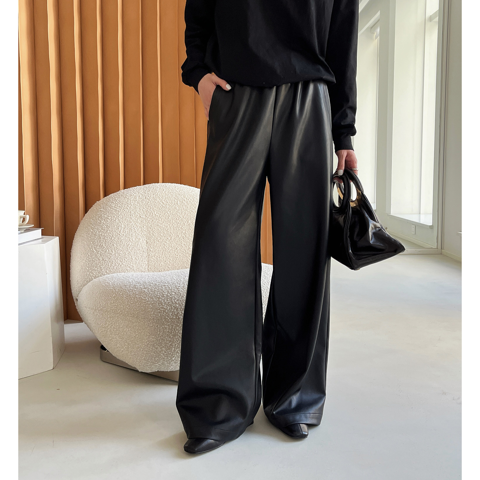 磨毛环保PU皮皮裤阔腿裤子