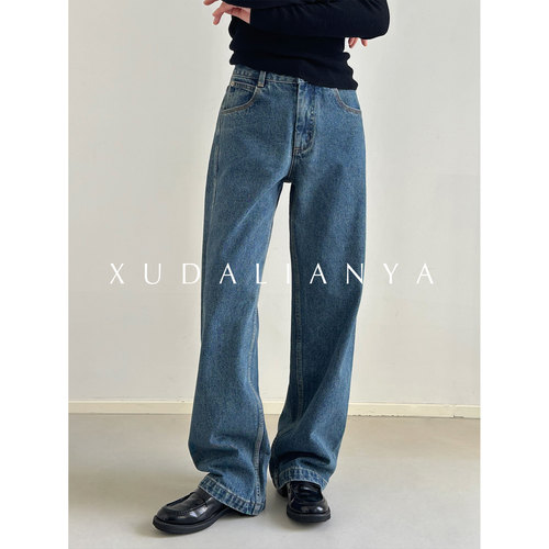 徐大脸吖定制 ROW侧缝立裁遮跨直筒裤子秋冬显瘦高腰微锥牛仔裤女