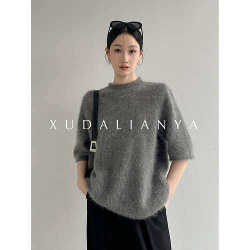 徐大脸吖定制 氛围感拉绒羊毛&羊绒针织衫秋季五分袖软糯宽松毛衣