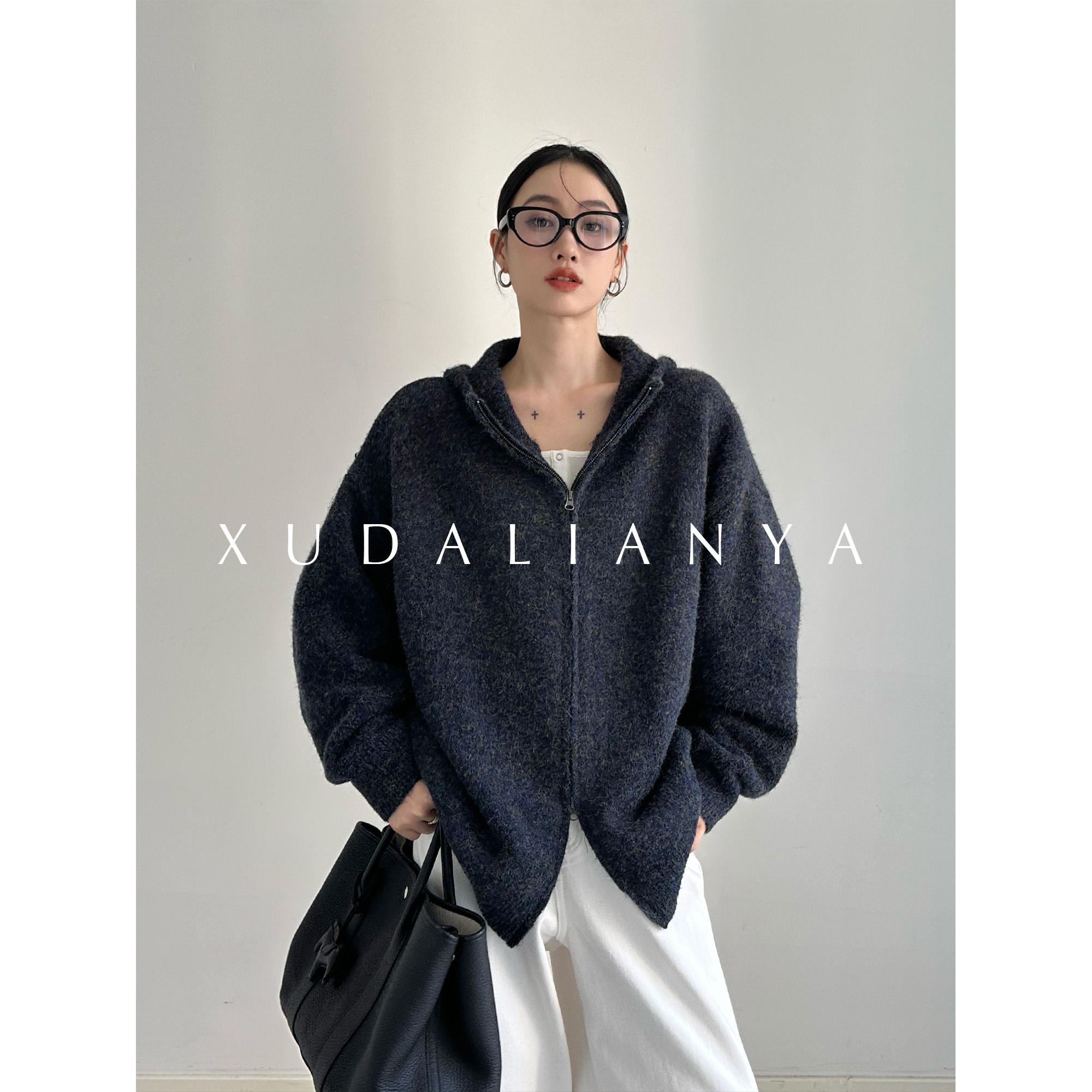 徐大脸吖定制 彩纱混色慵懒风秋冬宽松厚针织开衫连帽毛衣外套女