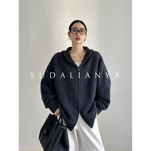 徐大脸吖定制 连帽毛衣外套女 彩纱混色慵懒风秋冬宽松厚针织开衫