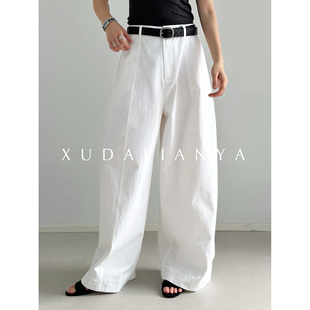 徐大脸吖定制 慵懒95棉白色阔腿裤春秋宽挺括空气直筒休闲裤子女